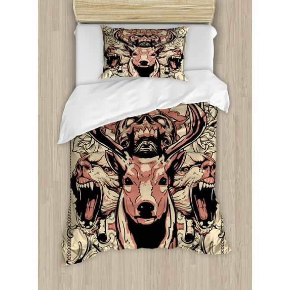 Ambesonne Antler Duvet Cover Sets, Floral Skull and Wolves, 2-Twin, Black Beige Pink