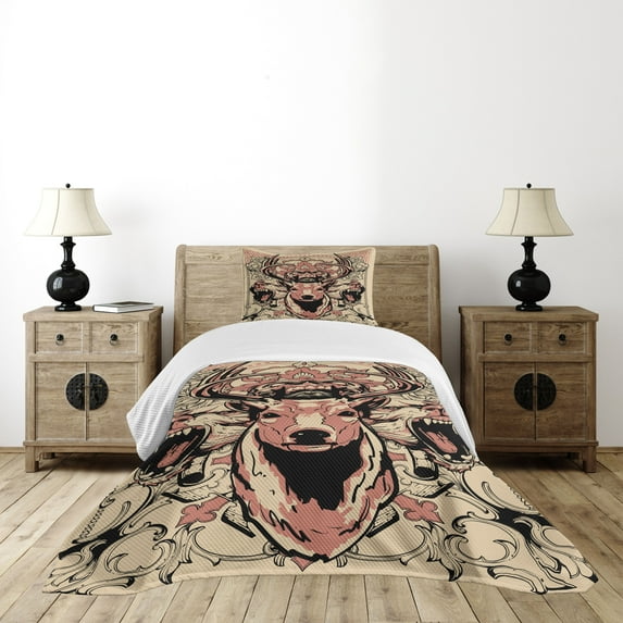 Ambesonne Antler Quilted Bedspread Set 2 Pcs, Floral Skull and Wolves, Twin Size, Black Beige Pink