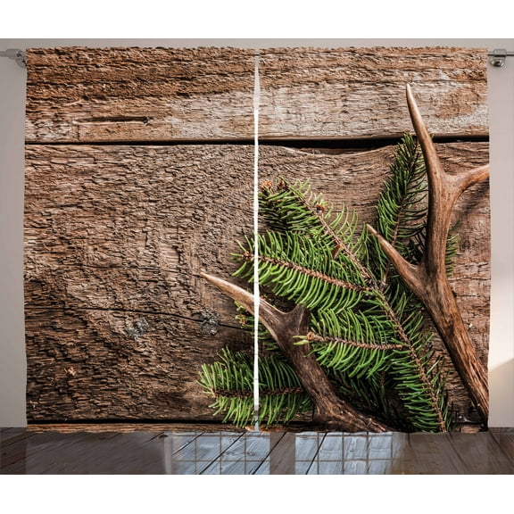 Ambesonne Antlers Curtains 2 Panel Set, Evergreen Branch Deer, 108" x 90", Fern Green Umber