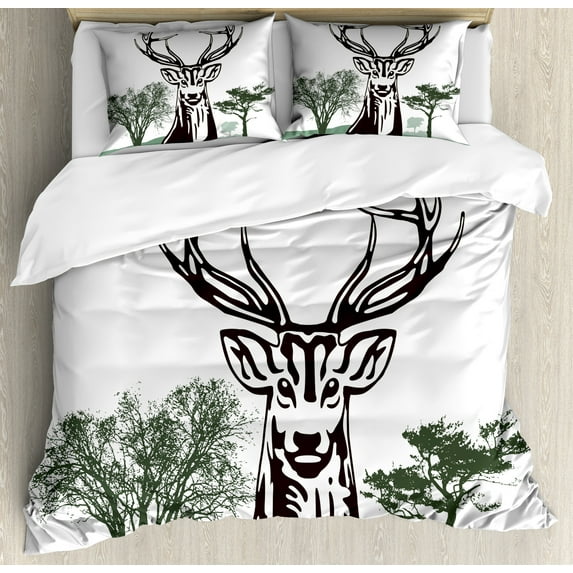Ambesonne Antlers Duvet Cover Set, Village Mountain Fall, King, Chocolate Green White