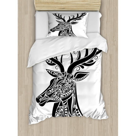 Ambesonne Antlers Duvet Cover Sets, Deer Animal Tattoo, 2-Twin, Black White