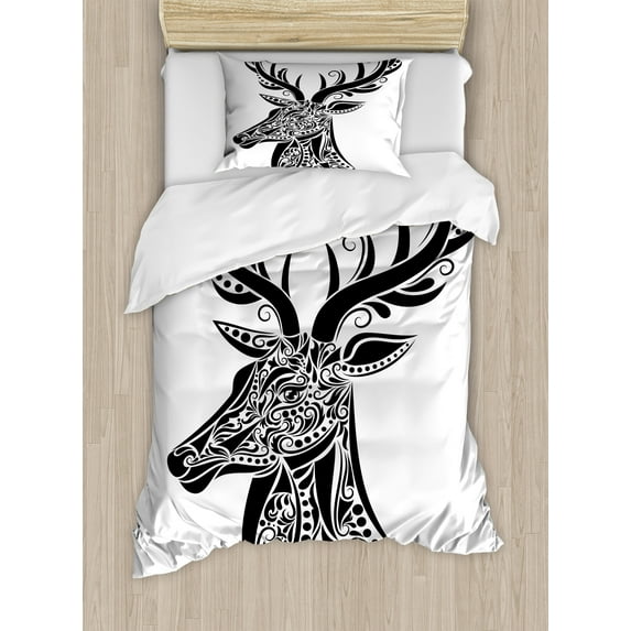 Ambesonne Antlers Duvet Cover Sets, Deer Animal Tattoo, 2-Twin, Black White
