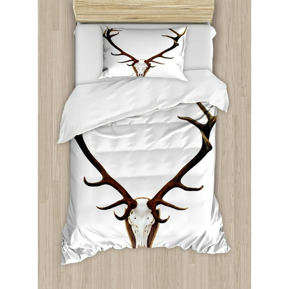 Ambesonne Antlers Duvet Cover Sets, Deer Stag Bones Mounted, 2-Twin, Brown and Pale Grey