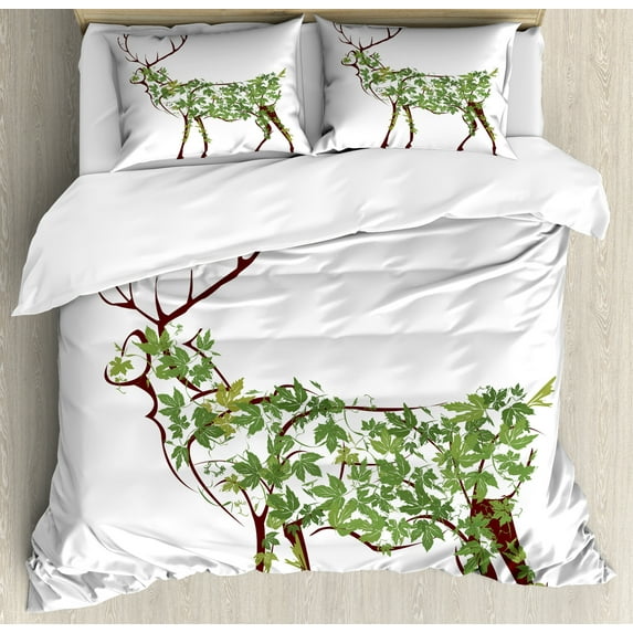 Ambesonne Antlers Duvet Cover Sets, Garden Deer Celebration, 2-King, Green Brown White