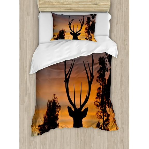 Ambesonne Antlers Duvet Cover Sets, Island New Zealand, 2-Twin, Seal Brown Marigold