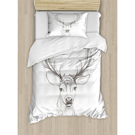 Ambesonne Antlers Duvet Cover Sets, Sketch of Deer Head, 2-Twin, Warm Taupe