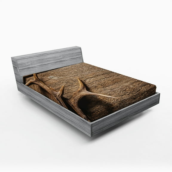 Ambesonne Antlers Fitted Sheet 2 Pcs Set, Wooden Deer Rustic Antler, California King, Umber