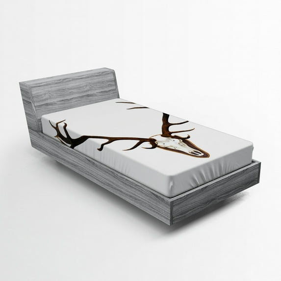 Ambesonne Antlers Fitted Sheet, Deer Stag Bones Mounted, Twin Size, Brown and Pale Grey