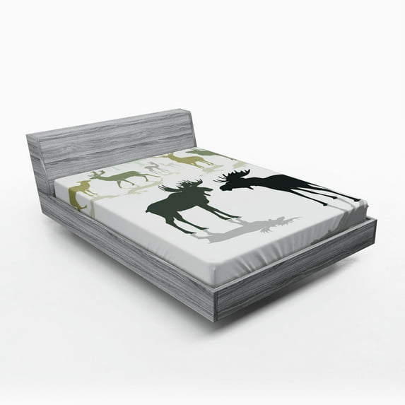 Ambesonne Antlers Fitted Sheet, Elk Deer Fawn Forest, Full Size, Green Black