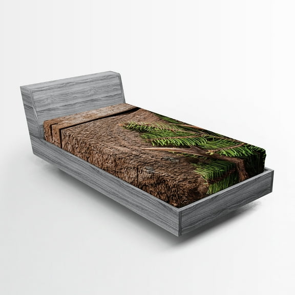 Ambesonne Antlers Fitted Sheet, Evergreen Branch Deer, Twin Size, Fern Green Umber