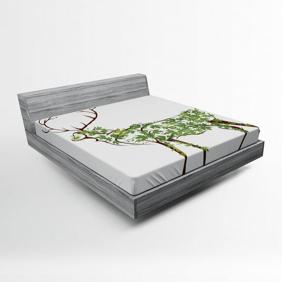 Ambesonne Antlers Fitted Sheet, Garden Deer Celebration, Queen Size, Green Brown White