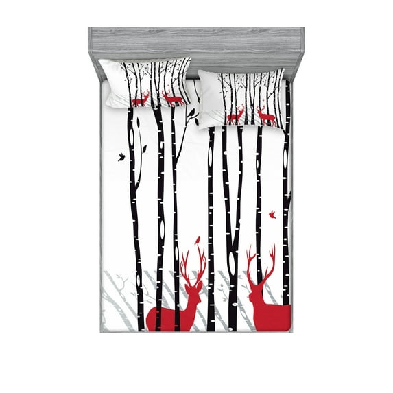 Ambesonne Antlers Fitted Sheet & Pillow Sham Set, Deer Tree Forest Bird, Queen, White Black Red
