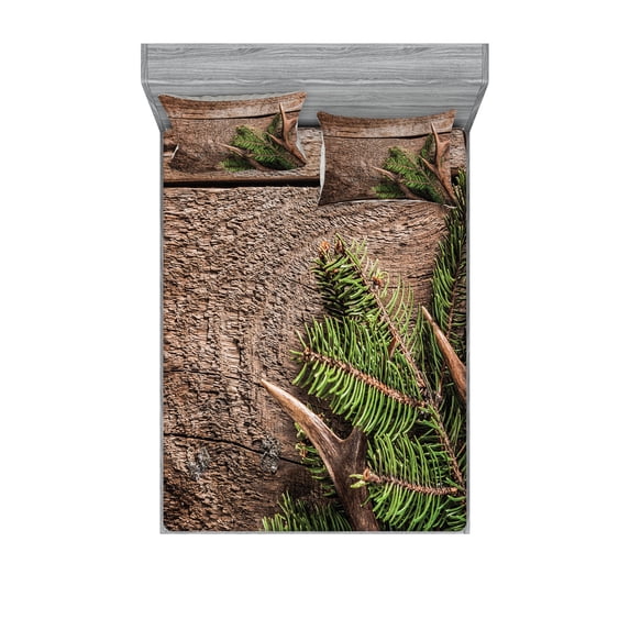 Ambesonne Antlers Fitted Sheet & Pillow Sham Set, Evergreen Branch Deer, Calking, Fern Green Umber