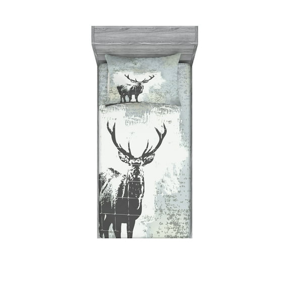 Ambesonne Antlers Fitted Sheet & Pillow Sham Set, Stag Silhouette Grunge, Twin, Grey Black