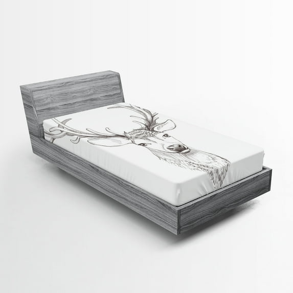 Ambesonne Antlers Fitted Sheet, Sketch of Deer Head, Twin XL Size, Warm Taupe