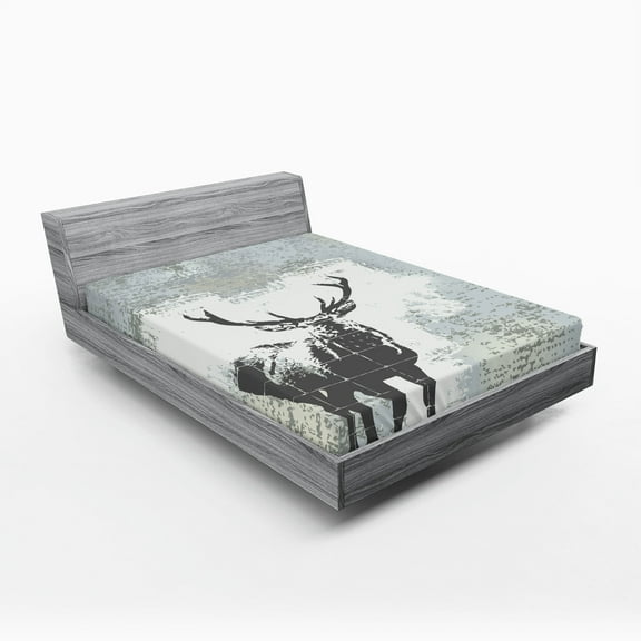 Ambesonne Antlers Fitted Sheet, Stag Silhouette Grunge, California King, Grey Black