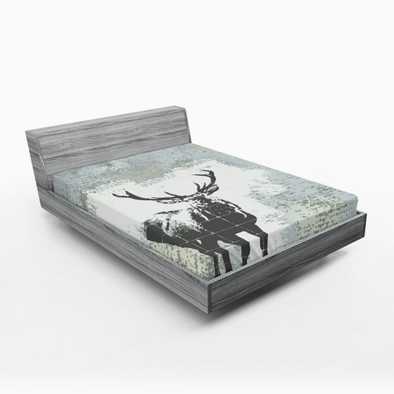 Ambesonne Antlers Fitted Sheet, Stag Silhouette Grunge, California King, Grey Black
