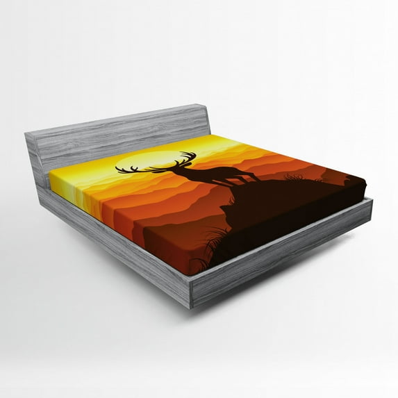 Ambesonne Antlers Fitted Sheet, Wildlife Sunset Hill, Full Size, Burnt Sienna Marigold