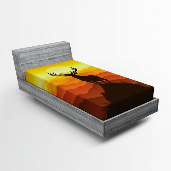Ambesonne Antlers Fitted Sheet, Wildlife Sunset Hill, Twin Size, Burnt Sienna Marigold