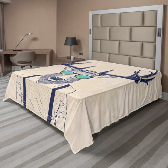 Ambesonne Antlers Flat Sheet, Hipster Cool Fun Animal, Full Size, Beige Dark Blue