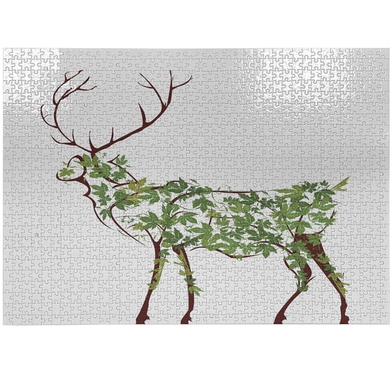 Ambesonne Antlers Jigsaw Puzzle Durable Cardboard, Garden Deer Celebration, 1000 pcs, Green Brown White