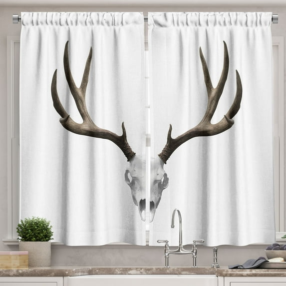 Ambesonne Antlers Kitchen Curtains, Deer Skull Skeleton, 55"x45", Warm Taupe Pale Grey