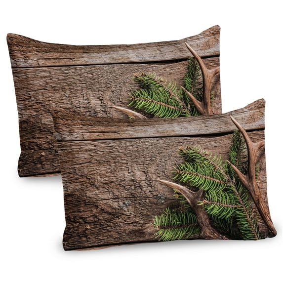 Ambesonne Antlers Pillow Sham 2 Pack, Evergreen Branch Deer, 30"x20", Fern Green Umber