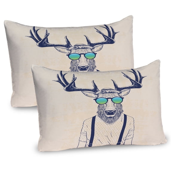 Ambesonne Antlers Pillow Sham 2 Pack, Hipster Cool Fun Animal, 36"x20", Beige Dark Blue