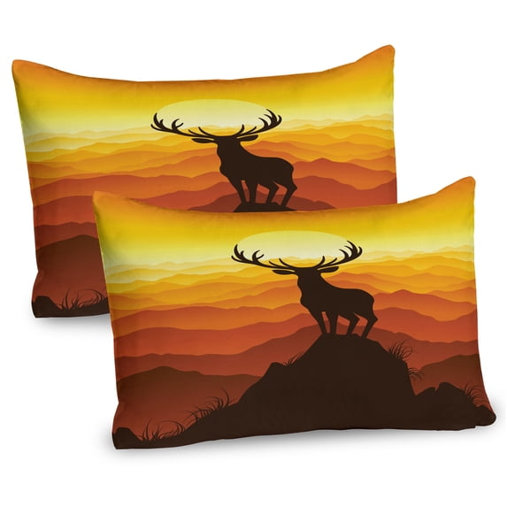 Ambesonne Antlers Pillow Sham 2 Pack, Wildlife Sunset Hill, 30"x20", Burnt Sienna Marigold