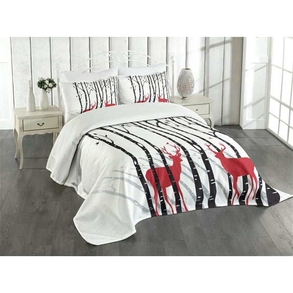 Ambesonne Antlers Quilted Bedspread Set 3 Pcs, Deer Tree Forest Bird, Queen Size, White Black Red