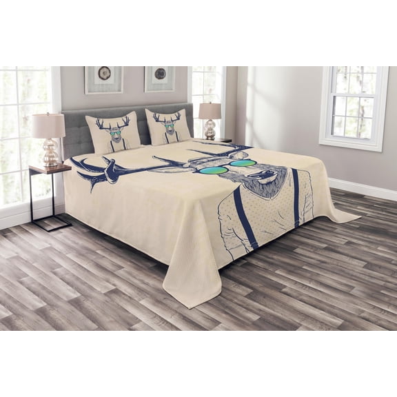 Ambesonne Antlers Quilted Bedspread Set 3 Pcs, Hipster Cool Fun Animal, King Size, Beige Dark Blue