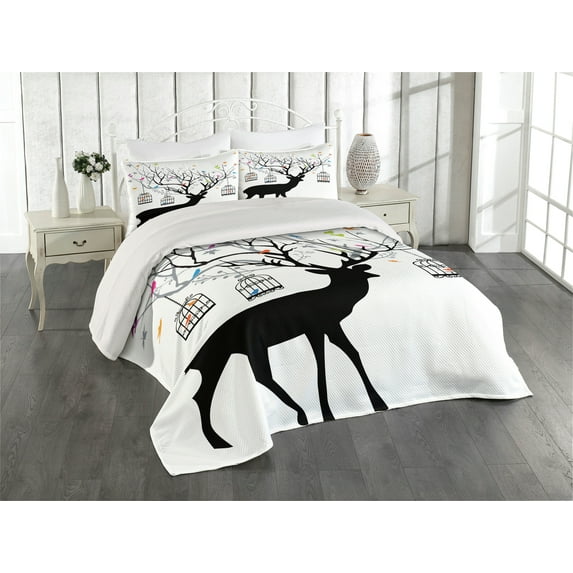 Ambesonne Antlers Quilted Coverlet 3 Pcs, Deer Colorful Birds, King Size, Multicolor