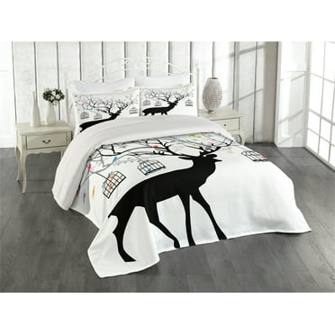 Ambesonne Antlers Quilted Coverlet 3 Pcs, Deer Colorful Birds, Queen Size, Multicolor