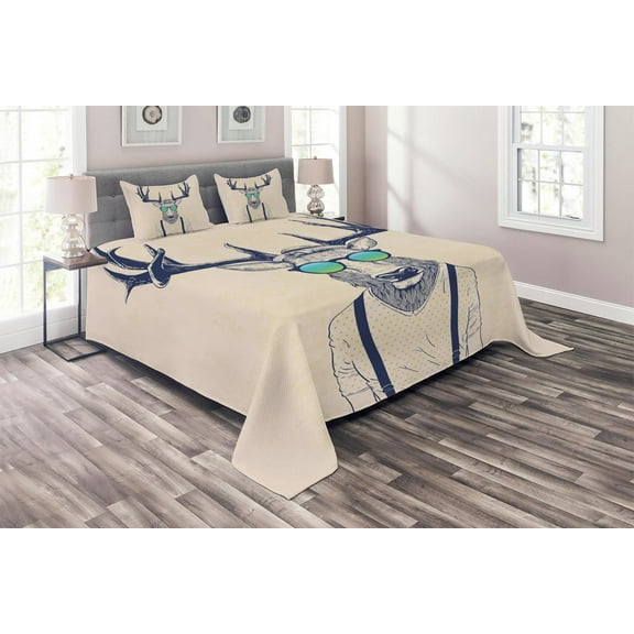 Ambesonne Antlers Quilted Coverlet 3 Pcs, Hipster Cool Fun Animal, King Size, Beige Dark Blue