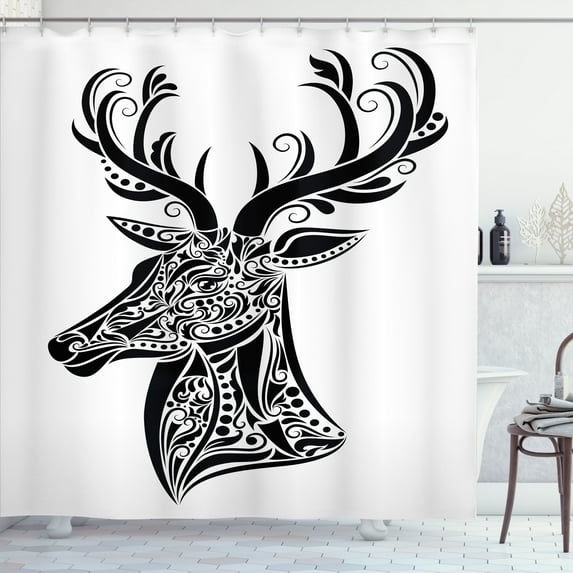 Ambesonne Antlers Shower Curtain, Deer Animal Tattoo, 69"Wx84"L, Black White