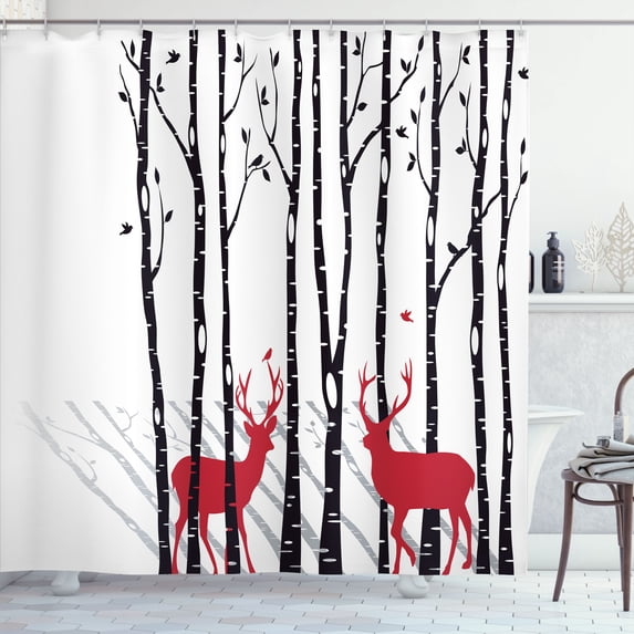 Ambesonne Antlers Shower Curtain, Deer Tree Forest Bird, 69"Wx75"L, White Black Red