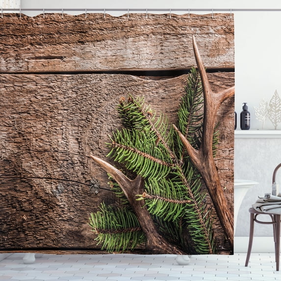 Ambesonne Antlers Shower Curtain, Evergreen Branch Deer, 69"Wx70"L, Fern Green Umber