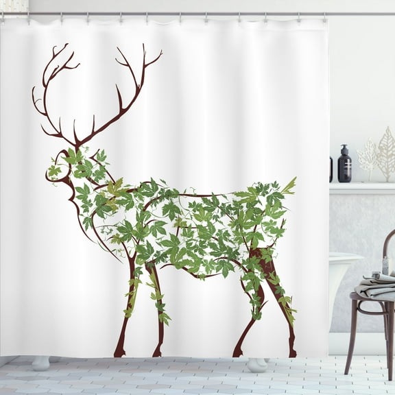 Ambesonne Antlers Shower Curtain, Garden Deer Celebration, 69"Wx75"L, Green Brown White