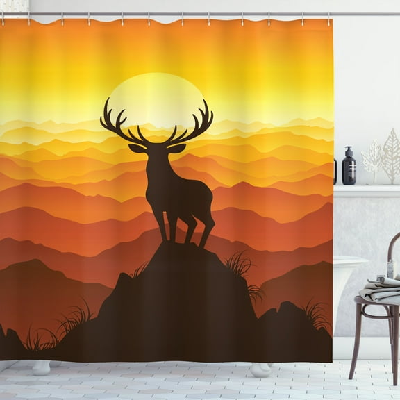 Ambesonne Antlers Shower Curtain, Wildlife Sunset Hill, 69"Wx84"L, Burnt Sienna Marigold