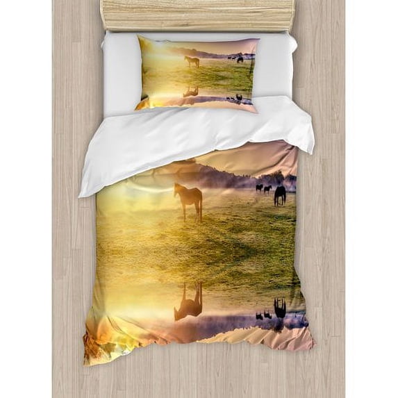 Ambesonne Apartment Horse Valley in South with a Lake Reflection and Sun Rising Above Mountains Duvet Cover Set