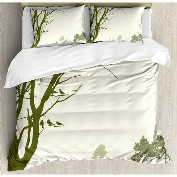 Ambesonne Apartment Nature Theme the Panorama of a Forest Pattern Birds on Tree Branches Duvet Cover Set