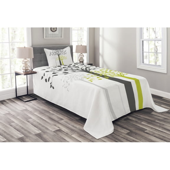 Ambesonne Apartment Quilted Bedspread Set 2 Pcs, Mother Nature Trees, Twin Size, Pale Green White