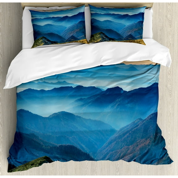 Ambesonne Appalachian Duvet Cover Set, Blue Mountain Ridges, King, Sea Blue and Sand Brown