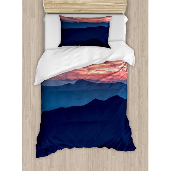 Ambesonne Appalachian Duvet Cover Set, Blue Ridge Landscape, Twin, Coral and Dark Sky Blue
