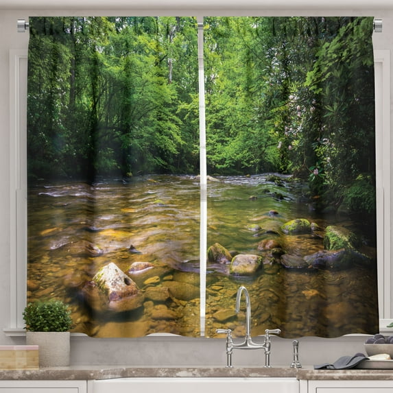 Ambesonne Appalachian Kitchen Curtains, Oconaluftee River Photo, 55"x45", Lime Green Charcoal Grey