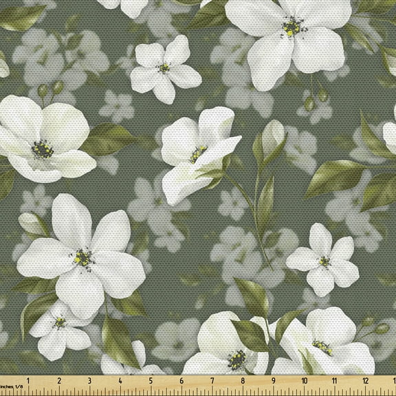Ambesonne Apple Flowers Fabric by the Yard Upholstery, Bohemian Leafy Floral, 1 Yard, Off White Peacock Green
