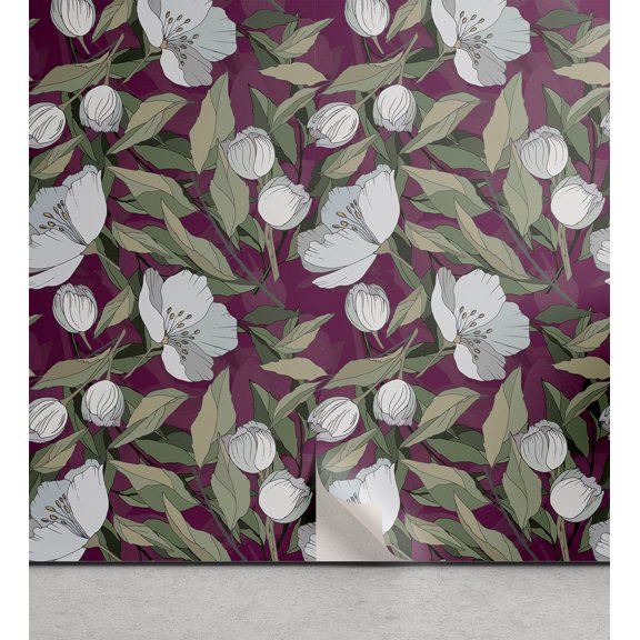 Ambesonne Apple Flowers Peel & Stick Wallpaper for Home, Floral Modern Leaves, 13"x36", Dark Magenta Reseda Green