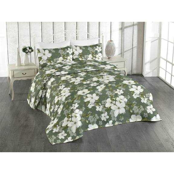 Ambesonne Apple Flowers Quilted Bedspread Set 3 Pcs, Bohemian Leafy Floral, Queen, Off White Peacock Green