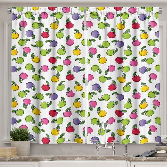 Ambesonne Apple Kitchen Curtains, Multicolored Sketchy Fruits, 55"x36", Yellow Green and Pale Fuchsia