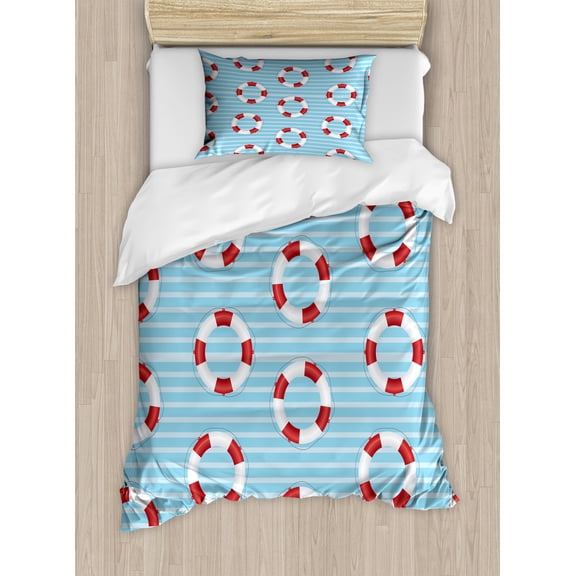 Ambesonne Aqua Blue Duvet Cover Sets, Stripes Circle Nautical, 2-Twin, Pale Blue White Red